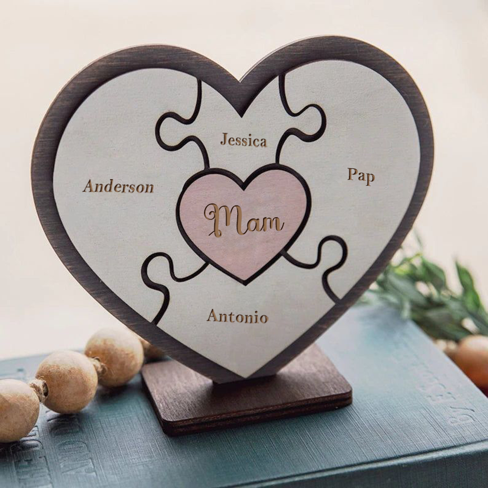 Houten harten - gepersonaliseerde familiepuzzeldecoratie